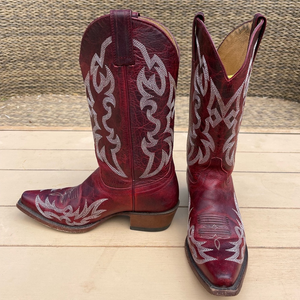 SHYANNE® 12" RED LEATHER SNIP TOE WESTERN BOOTS sz 7